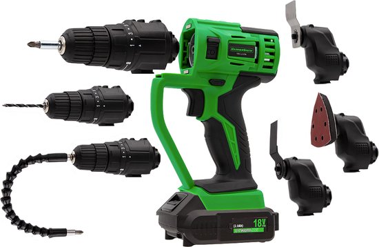 Hammersmith MultiTool-Set – 18 V – rotierendes und oszillierendes Akku-Multitool – Bohren, Schneiden, Sägen, Hobeln und Schleifen – umfangreiches Zubehörset und Koffer