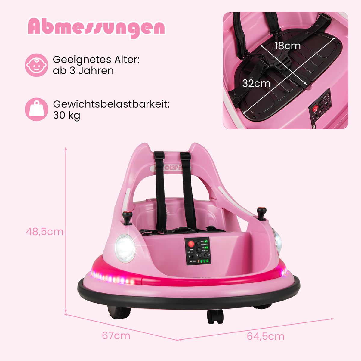 Coast Elektrisches Autoscooter-Auto für Kinder – 12 V mit Fernbedienung und zwei Joysticks – rosa