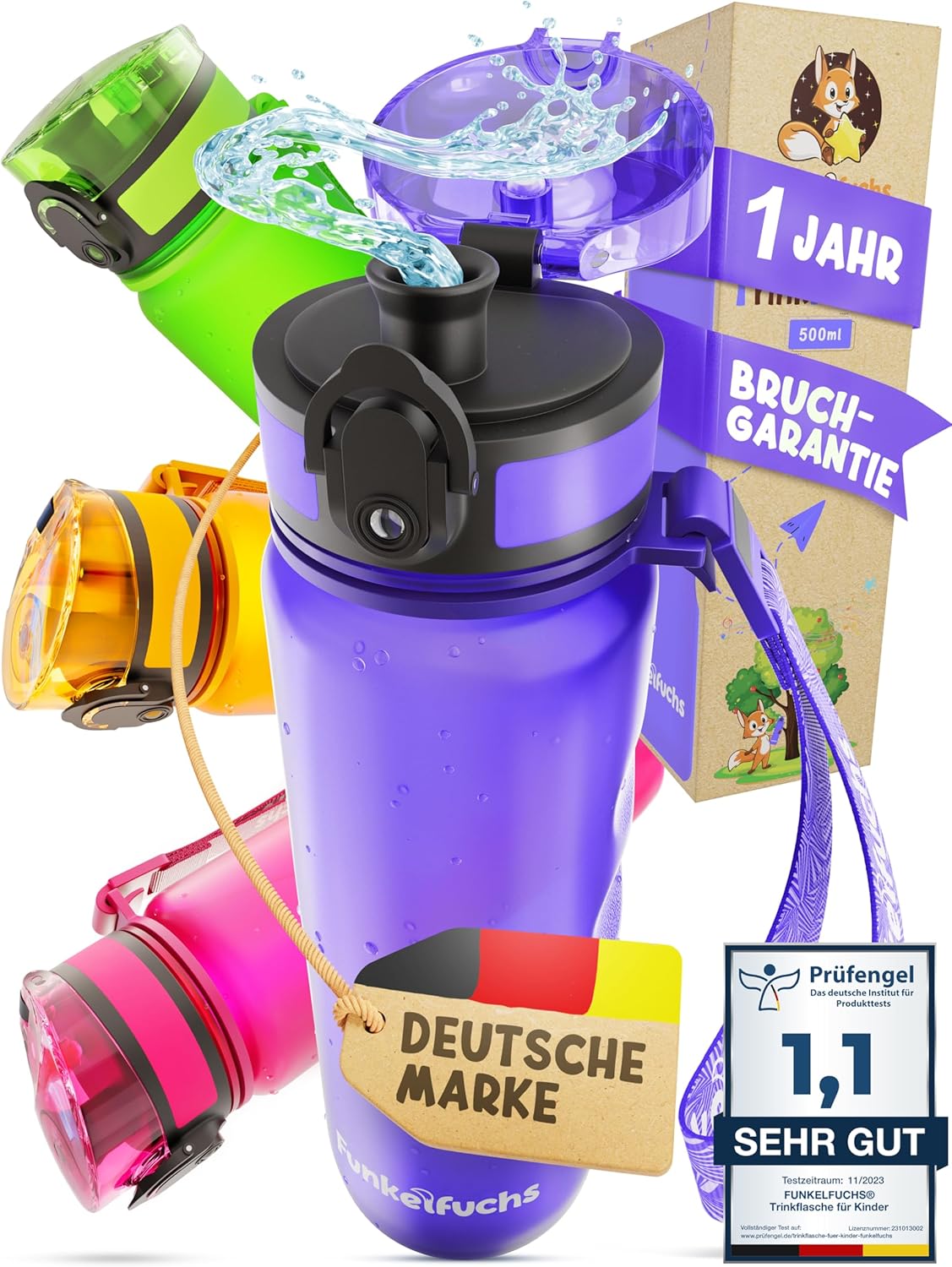 Funkelfuchs® Trinkflasche für Kinder - 500ml, lila - mit Kohlensäure - 100% auslaufsicher - Trinkflasche spülmaschinenfest - für Kindergarten, Einschulung, Schule, Sport