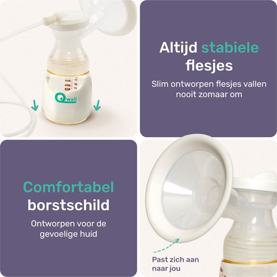 Qwali - Comfort Flow® - Elektrische Milchpumpe - BPA frei - inkl. 2 Milchflaschen - Kabellos - Weiß