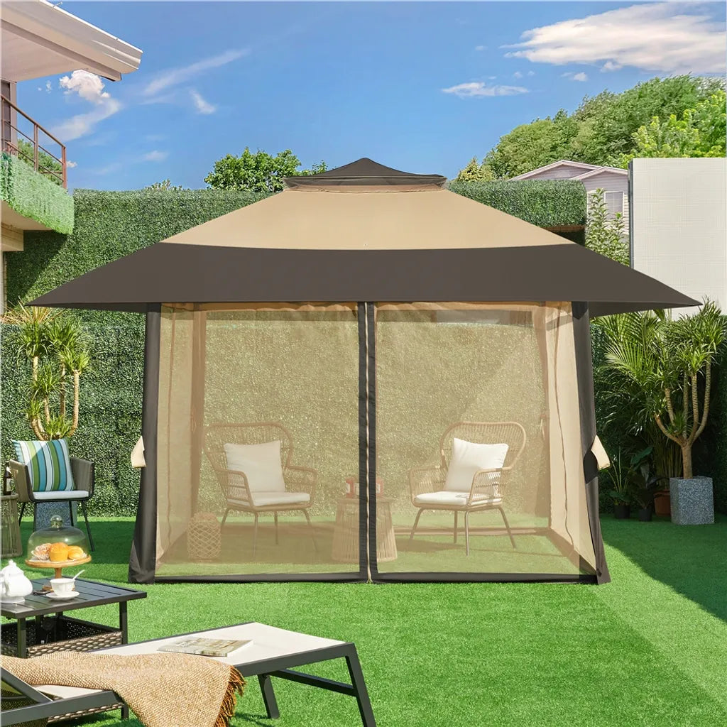 Yaheetech Partyzelt - 4 x 4 m - zusammenklappbar - Gartenpavillon - Mesh-Wände - verstellbar - 271-291 cm - Khaki/Braun