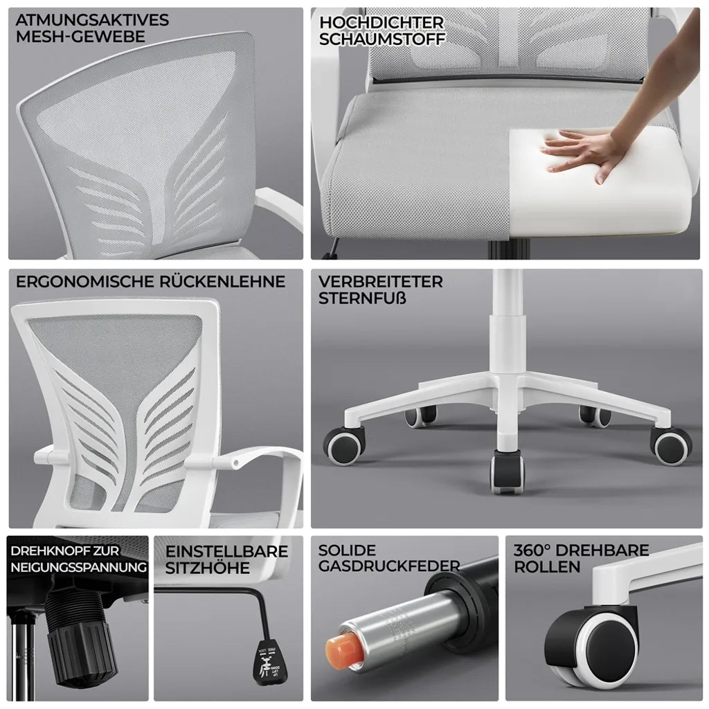 Yaheetech Bürostuhl - Ergonomisch - Hellgrau - Verstellbar