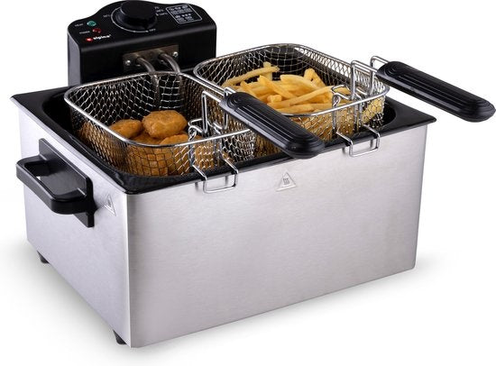 Alpina Doppelfritteuse - 5 Liter Fassungsvermögen - 3 Frittierkörbe - 2000W - Edelstahl - Grau/Schwarz