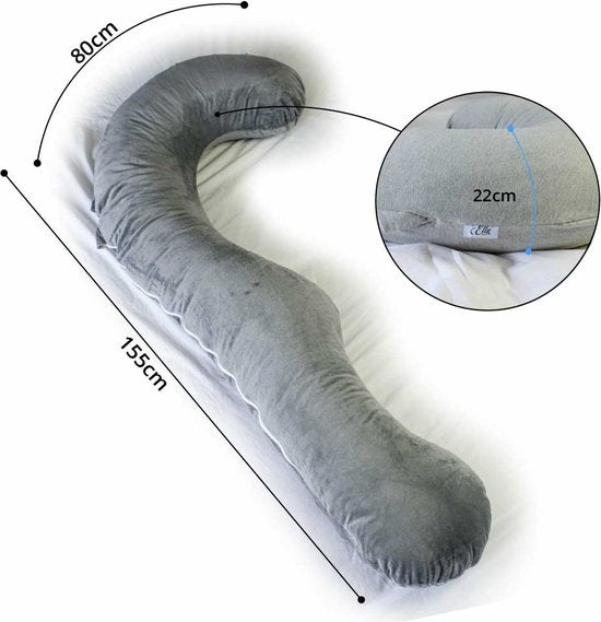 Ella Life Schwangerschaftskissen XXL - J-förmig - 155cm - Mit Bezug - Grau