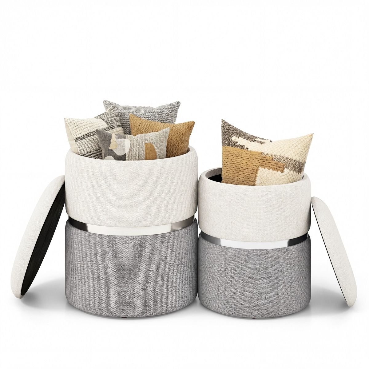 Coast Aufbewahrungshocker-Set – Set aus 2 runden Hockern – Leinenstoff – silberner Akzentring – beige und grau