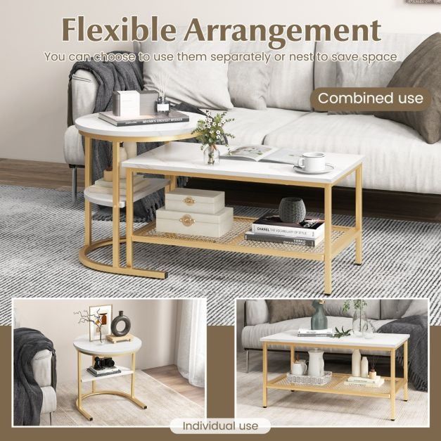 Coast 2er-Set Beistelltische - Couchtische mit goldenem Metallgestell - Max. 50KG - Gold/Weiß