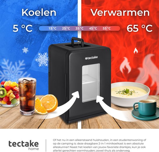 tectake® Mini-Autokühlschrank – Tragbare Minibar 14 l – 2-in-1-Funktion: Kühlen und Erwärmen – 5 bis 65 °C - Mini-Kühlschrank – Elektrische Kühlbox – 12 V + 220/240 V-Anschluss – Tragbarer Camping-Kühlschrank