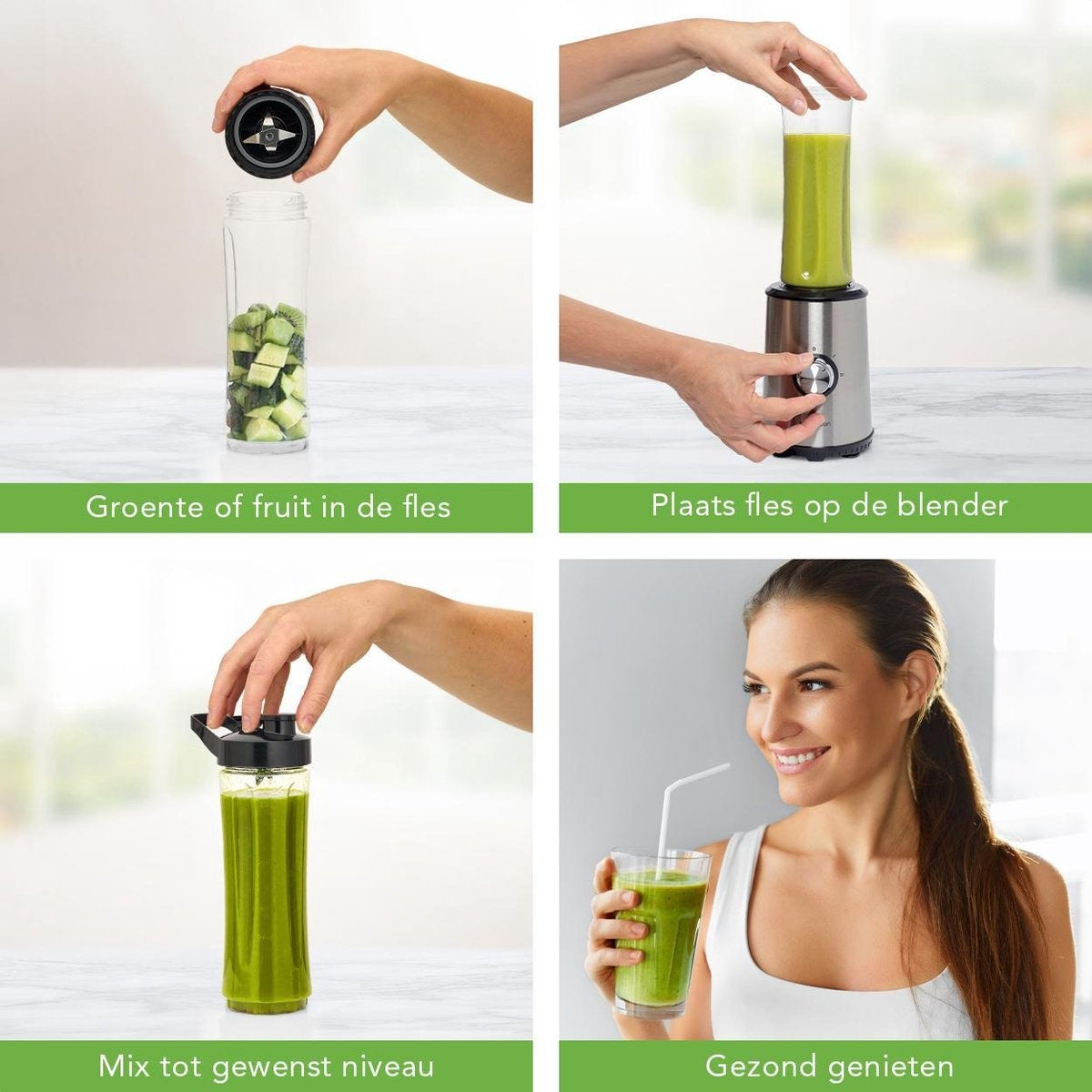 KitchenBrothers Mini Mixer - Smoothie Maker - 2 To-Go Becher - 350W - Edelstahl