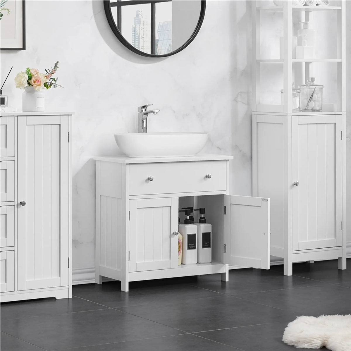 Badezimmerschrank mit Schublade und 2 Türen im Landhausstil, weiß, 60 × 30 × 60 cm