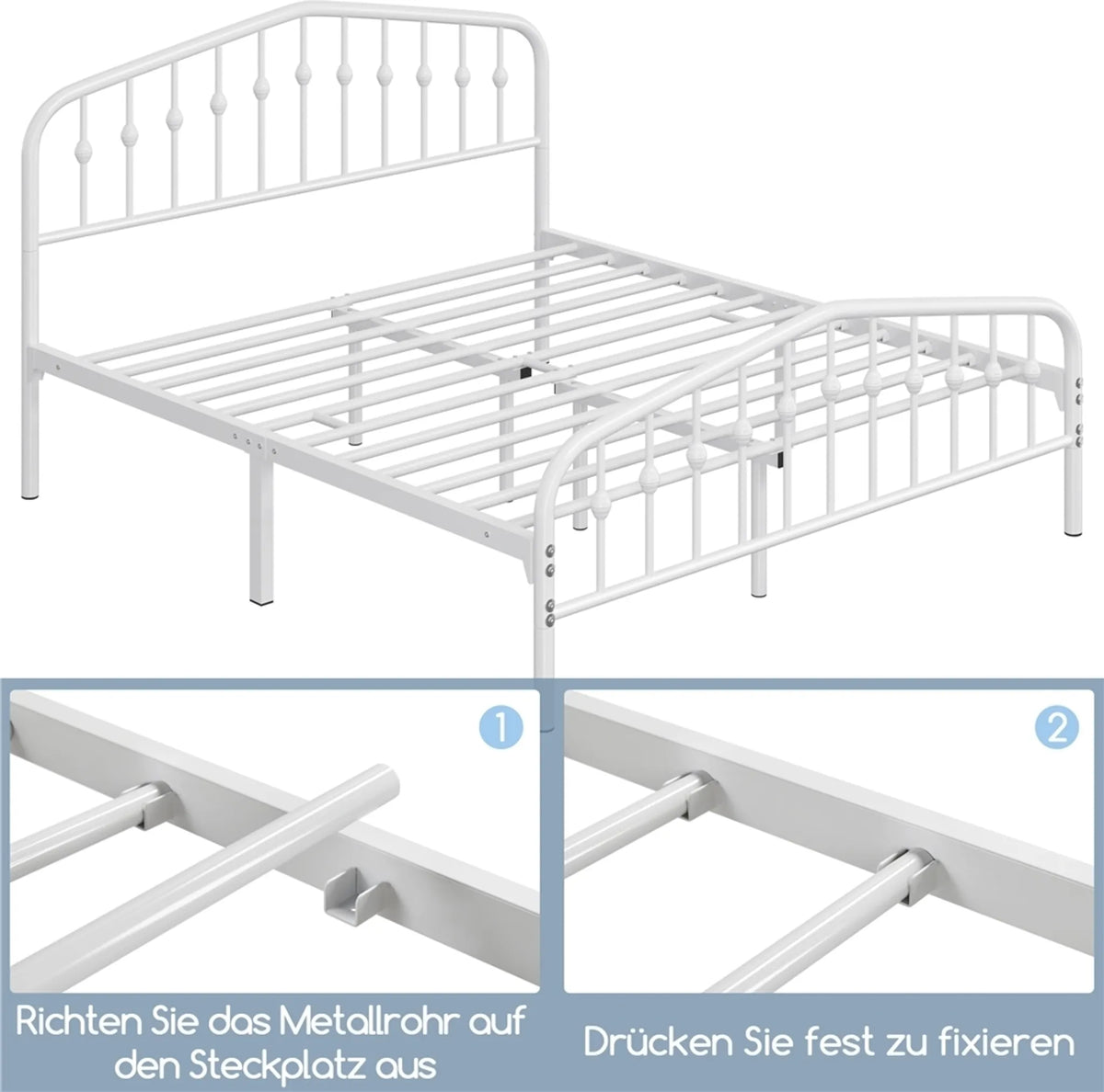 Yaheetech Klassisches Metallbett mit hohem Kopfteil 160 x 200 cm – Weiß – Metall