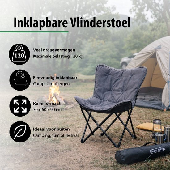 Camp Active Faltbarer Schmetterlingsstuhl – Butterfly Chair inklusive Tragetasche – Campingstuhl mit bequemer Sitzfläche – Leichter Klappstuhl – 70 x 60 x 90 cm – Grau