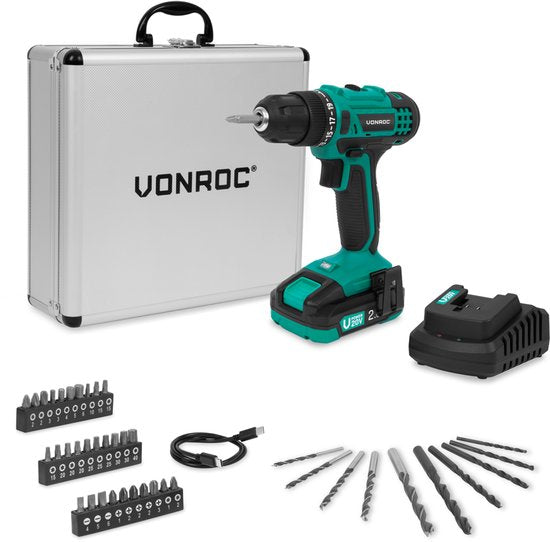VONROC Akku-Bohrmaschine 20V - 19 Schraubpositionen + Bohrposition - Inkl. 2.0Ah Akku, Schnellladegerät und 46 Zubehörteile im Deluxe-Koffer