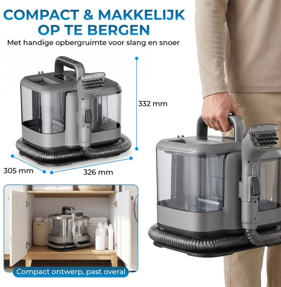 Powell Dampfreiniger – Teppichreiniger – Fleckenentferner – Sofa-Reiniger – Möbelreiniger – Teppichreiniger-Staubsauger – Reinigungsgerät – Teppichreiniger – 1800 Watt – Grau