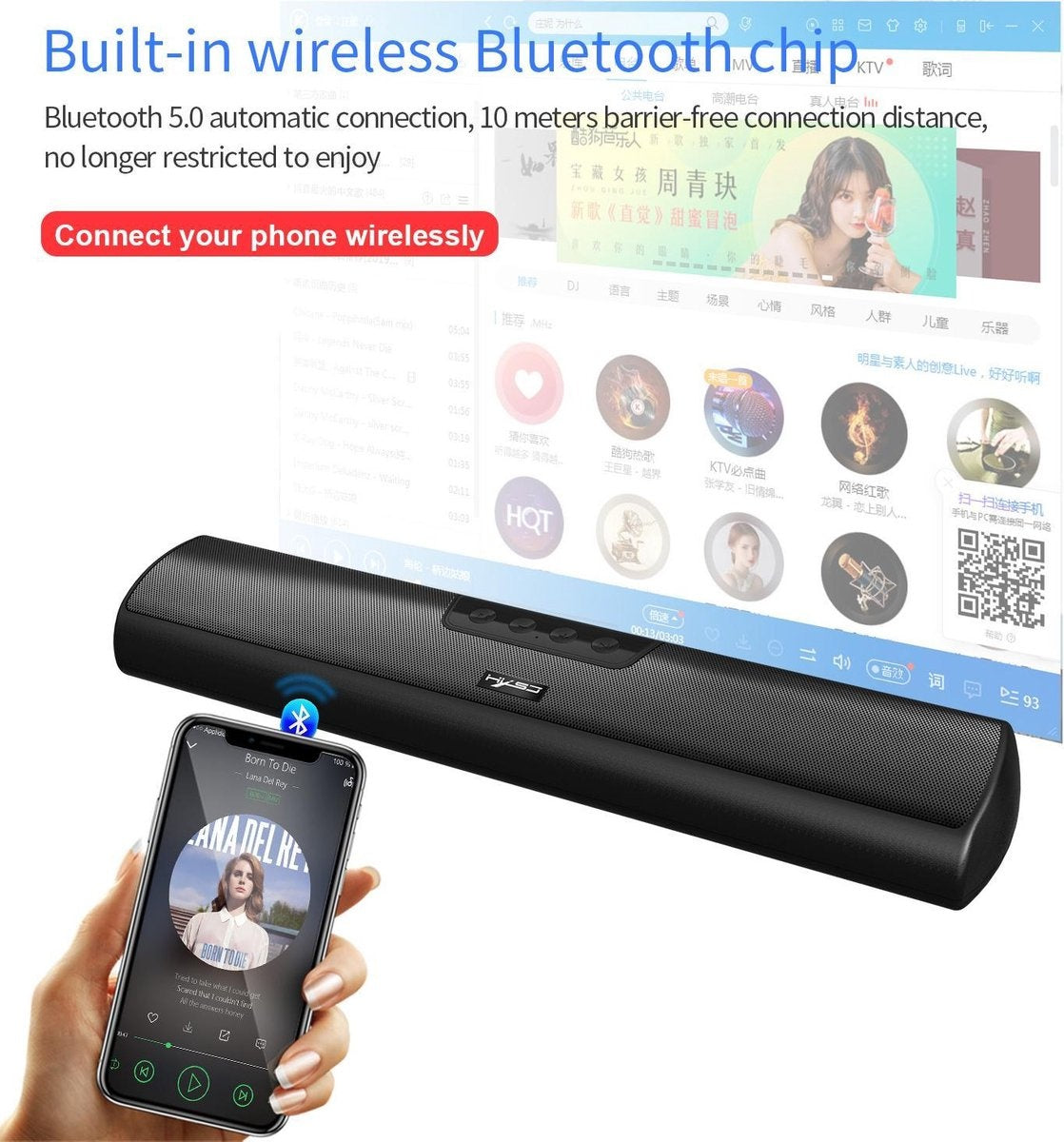 HXSJ Q3 Soundbar PC-Lautsprecher - AUX / Bluetooth kabellos - für Desktop-Computer / Notebooks / Smart TVs / Projektoren - Schwarz
