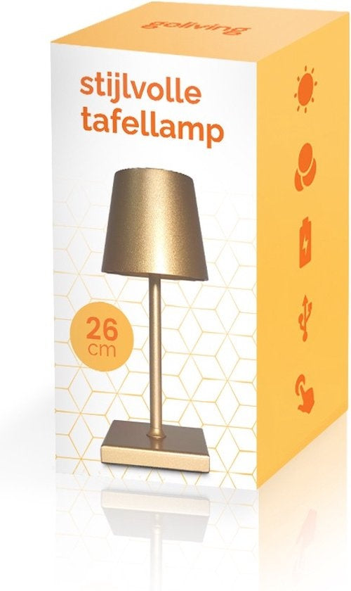 Goliving Tischlampe Wiederaufladbar - Kabellos und dimmbar - Moderne Touch-Lampe - Nachtlampe für das Schlafzimmer - 26 cm - Gold