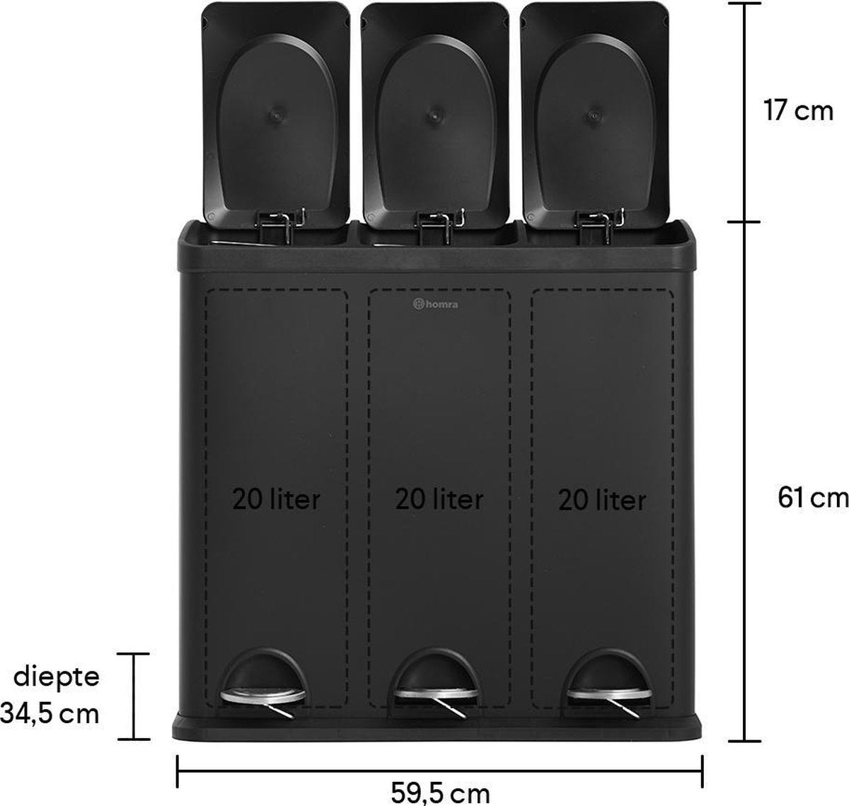 Homra MAXER Treteimer - Mülleimer 3 Fächer - Abfalleimer 60 Liter (3x 20L) - Trio-Eimer - Schwarz