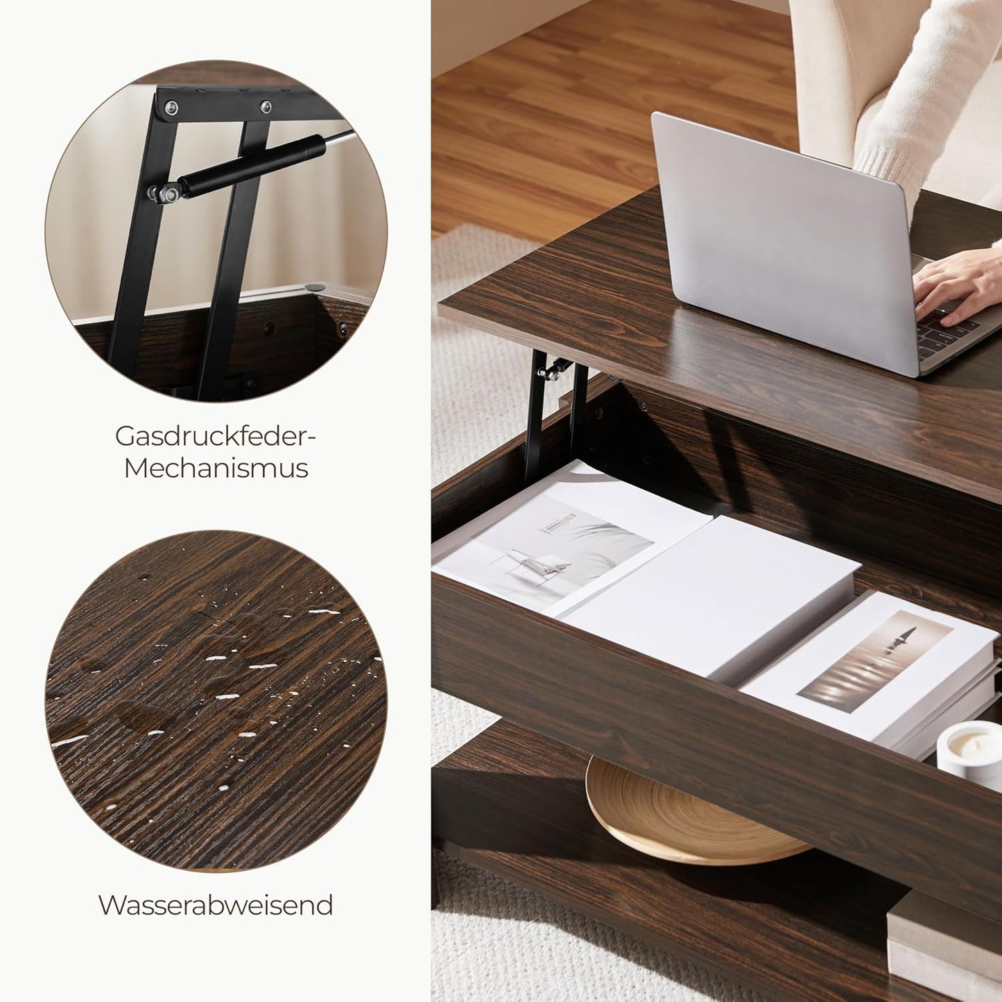 Yaheetech Couchtisch 98 x 50 x 41,8 cm – Braun – Höhenverstellbar – Ausziehbare Tischplatte – Mit Stauraum