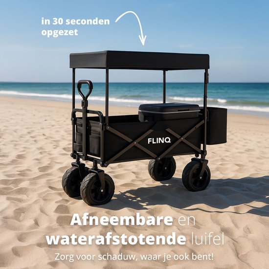 FlinQ Bolderkar mit Dach bis zu 130 KG - faltbar - Strandtrolley mit Schiebestange - zusammenklappbarer Strandtrolley - 100L Kapazität mit Schwenkrädern - Schwarz