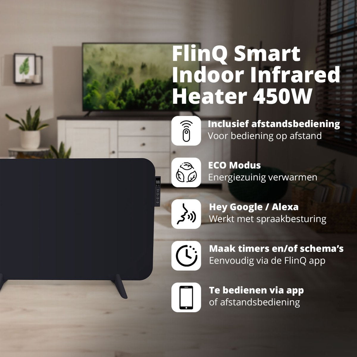 FlinQ - Smart Heating Panel - Infrarot - 450 W - 12 m² - 72,5 x 2,8 x 47,5 cm - Schwarz