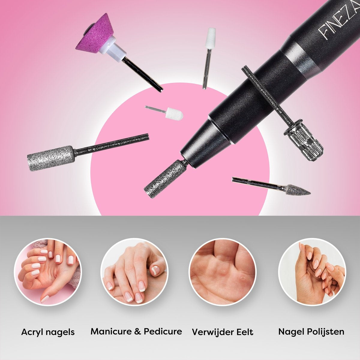 Fineza Nagelfeile - Elektrisch - Nagelfeile - Inklusive Bits - Inklusive Schleifrollen - Hornhautentferner - Maniküregerät - Pediküre-Set - Grau