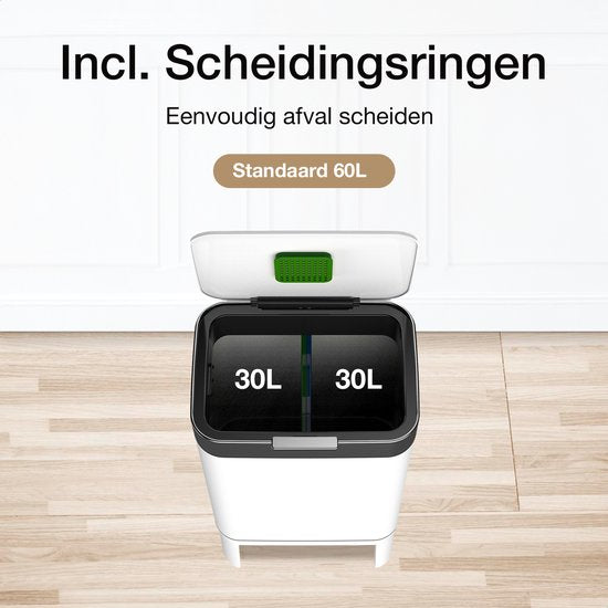 Loftey Mülleimer 60 Liter - Push/touch Mülleimer - Duo Mülleimer mit Inneneimer - Mülleimer 2 Fächer - Abfalltrennung 2x30L - Küche - Weiß/RVS
