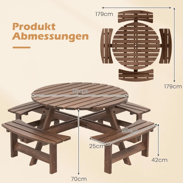 Coast Picknicktisch-Set – 166,5 × 166,5 × 76 cm – für 8 Personen – Holz – Sonnenschirmloch – Braun