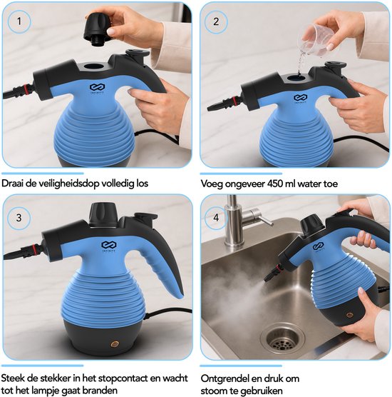 Infinity Goods Dampfreiniger – 12-in-1-Handdampfreiniger – Handdampfreiniger – Fleckenentferner – Teppichreiniger – 10 Aufsätze – 1050 Watt – 3,2 bar – Blau