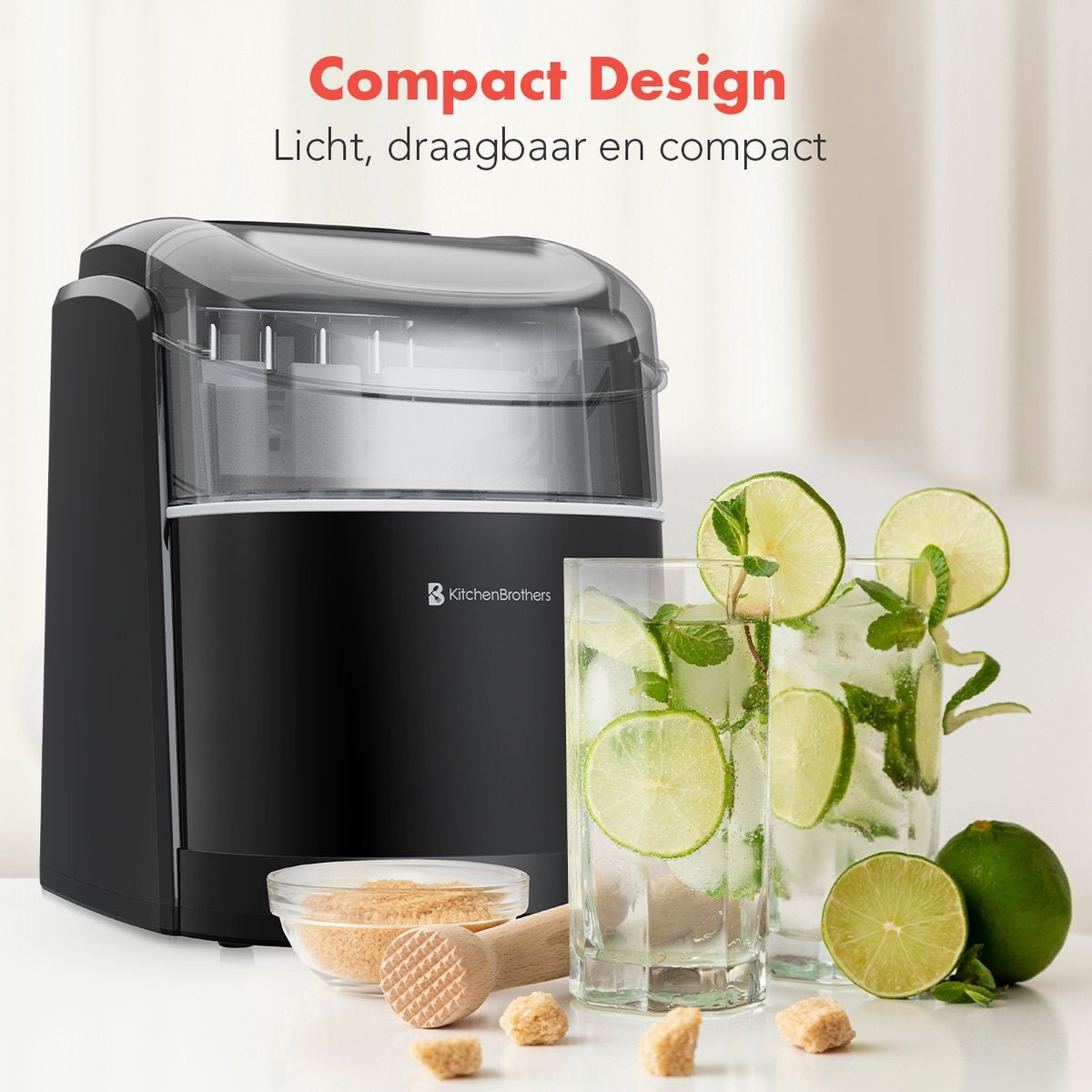 KitchenBrothers Eiswürfelbereiter - 1.6L - 8 min. - 12kg/24h - Selbstreinigungsfunktion - Eiswürfelbereiter mit Eisportionierer - Schwarz