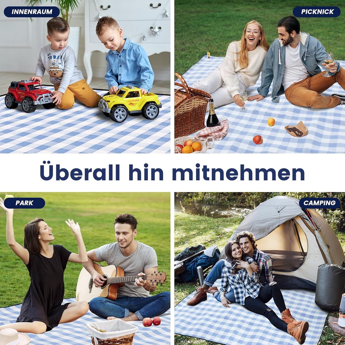 Picknickdecke XXL mit wasserdichter Unterseite – 200 x 200 cm – Ledergriff – Himmelblau/Weiß