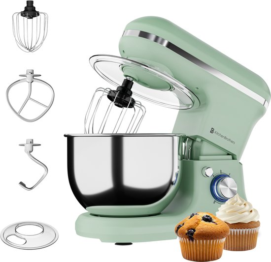 KitchenBrothers Küchenmaschine - 1200W - Küchenroboter - 5L - Brotmixer - Mixer mit Rührschüssel - Küchenmixer - Pastellgrün