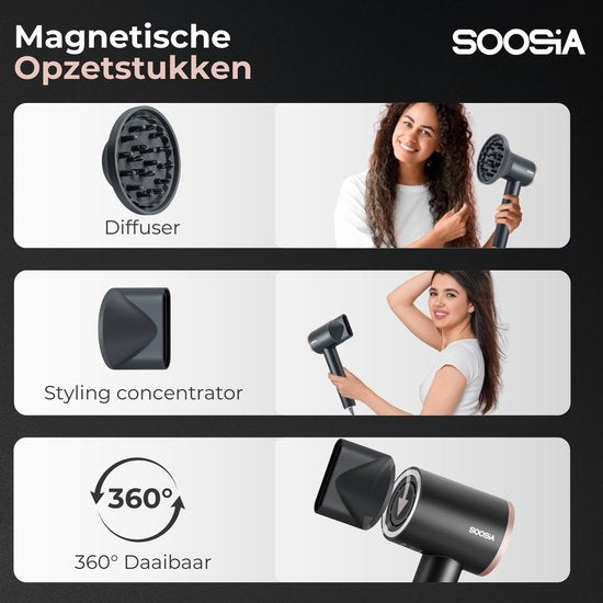 Soosia HighSpeed Ionic Hairdryer mit Display - HeatProtect Autocare - Haartrockner mit Diffusor - Coolshot - 110.000 RPM