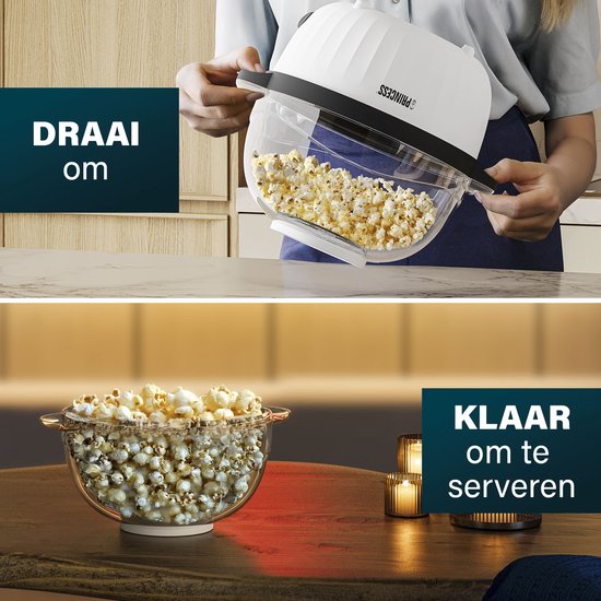 Princess 292980 Popcornmaker – Popcornmaschine 450 W - Transparenter Deckel - Servierschale - Rund - Knuspriges und gesundes Popcorn - mit Messbecher - mit Schmelzplatte für Butter - Öl kann hinzugefügt werden - Kinderparty
