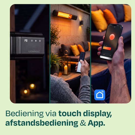 VONROC Terrassenheizung Sabatini 2000 W – Terrassenheizung – Golden Carbon-Heizelement – 24-Stunden-Timer – Mit Fernbedienung, Touch-Display und WLAN