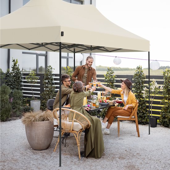 LifeGoods Partyzelt – Pavillon – 3 x 4,5 m – Seitenwände – Easy-Up – Zusammenklappbar – Wasserdicht – Transporttasche mit Rollen – Beige