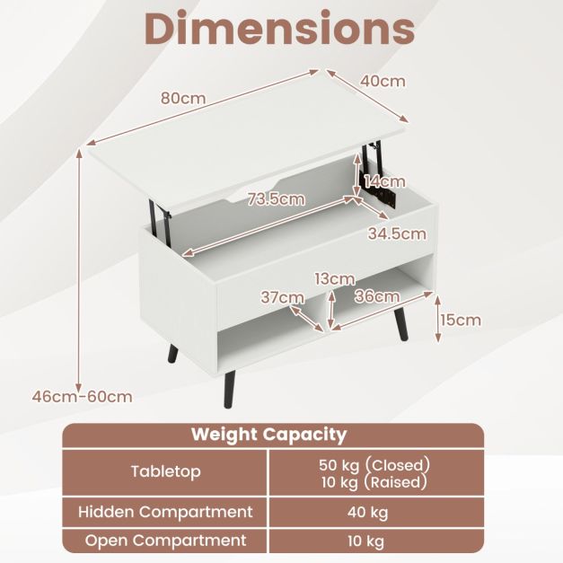 Coast Lift Top Couchtisch Weiß - 120 x 60 x 45 cm - Mit Ablage und offenen Regalen