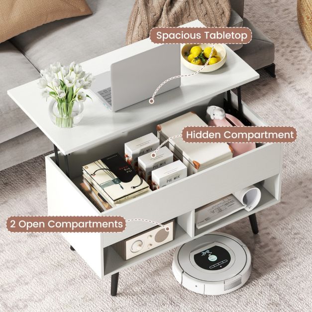 Coast Lift Top Couchtisch Weiß - 120 x 60 x 45 cm - Mit Ablage und offenen Regalen