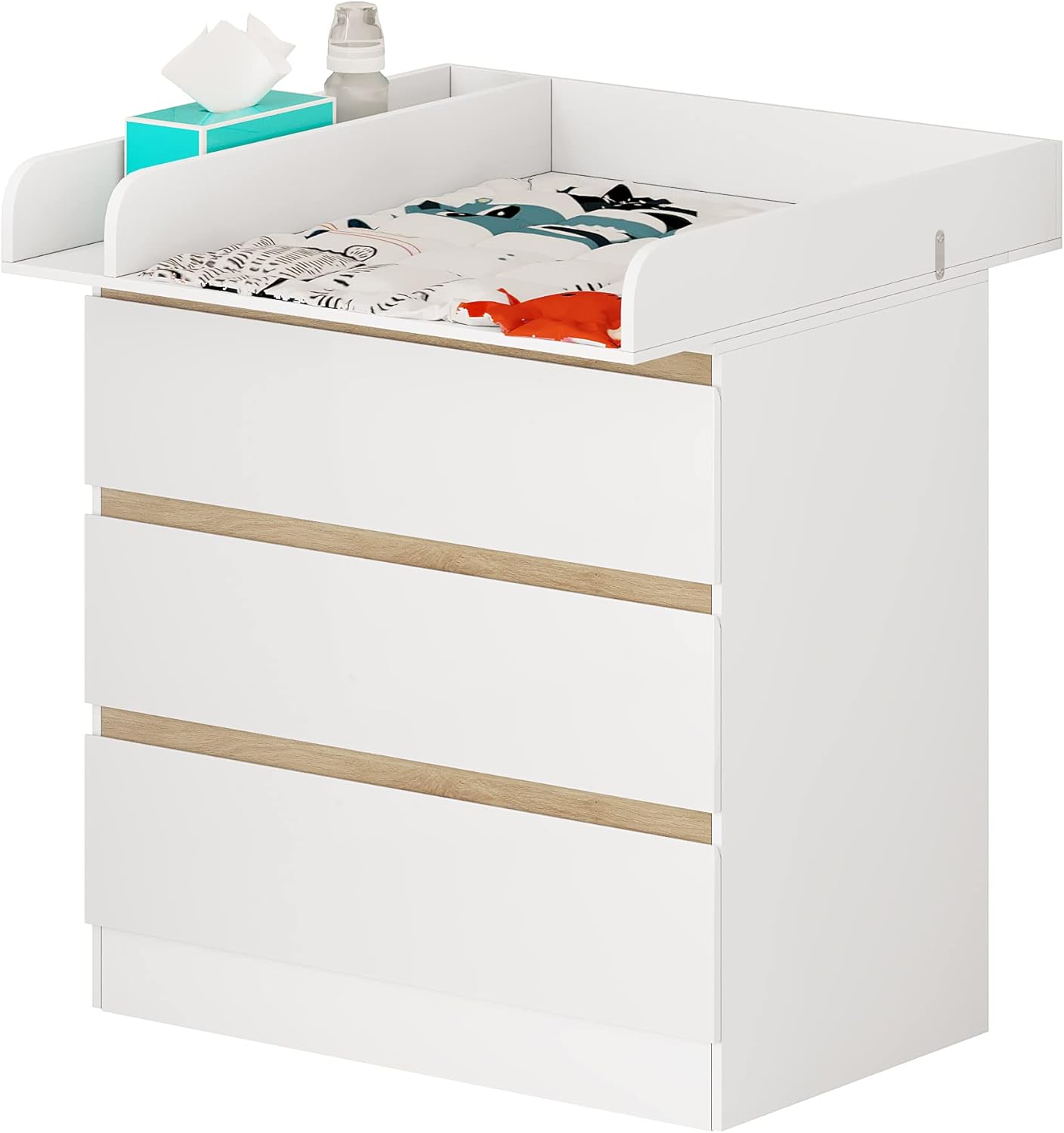 Woltu Wickeltisch mit Wickelaufsatz - 80x48x78 cm - Weiß und Eiche - 3 Schubladen - Ergonomisch 86 cm Arbeitshöhe