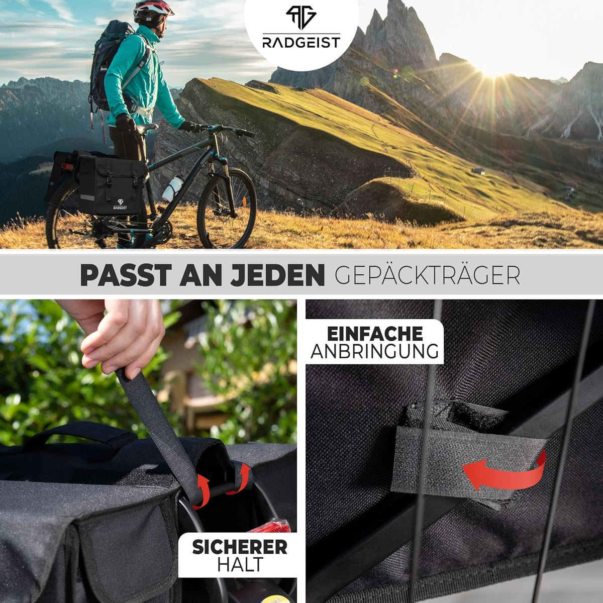 RADGEIST Doppel-Fahrradtasche I Doppel-Fahrradtasche für Gepäckträger 30L I Einfache Befestigung, Doppel-Fahrradtasche schwarz