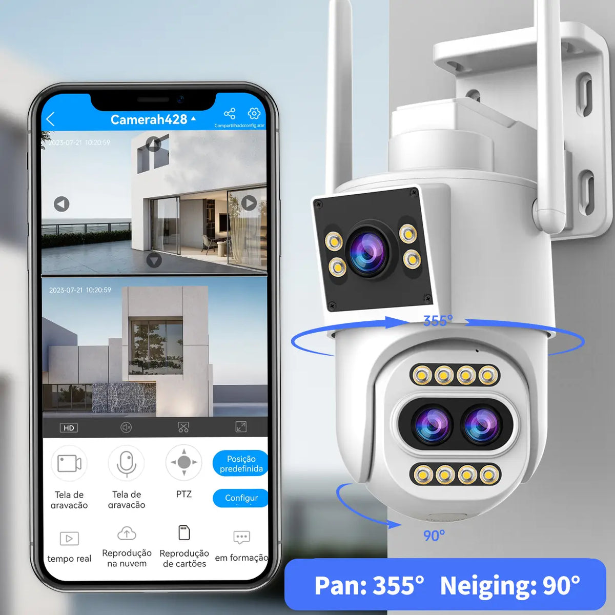 Jooan Außenüberwachungskamera 2K mit Dreifachobjektiv – 10-facher Zoom – PTZired IP66 wasserdicht, Bewegungsalarm, 8–256 GB Speicherkarte/Cloud-Speicher, Sirenenalarm