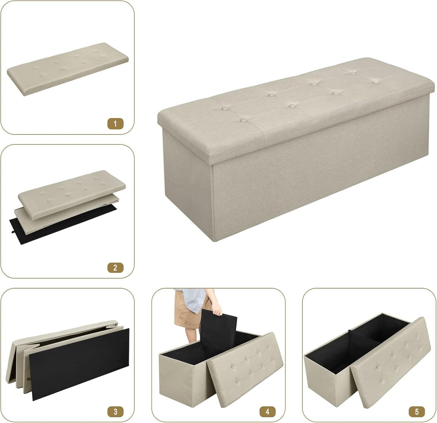 Woltu Klappbare Aufbewahrungsbank mit Stauraum – 118 Liter – 110 x 37,5 x 38 cm – Creme-weißes Leinen – Belastbar bis 300 kg