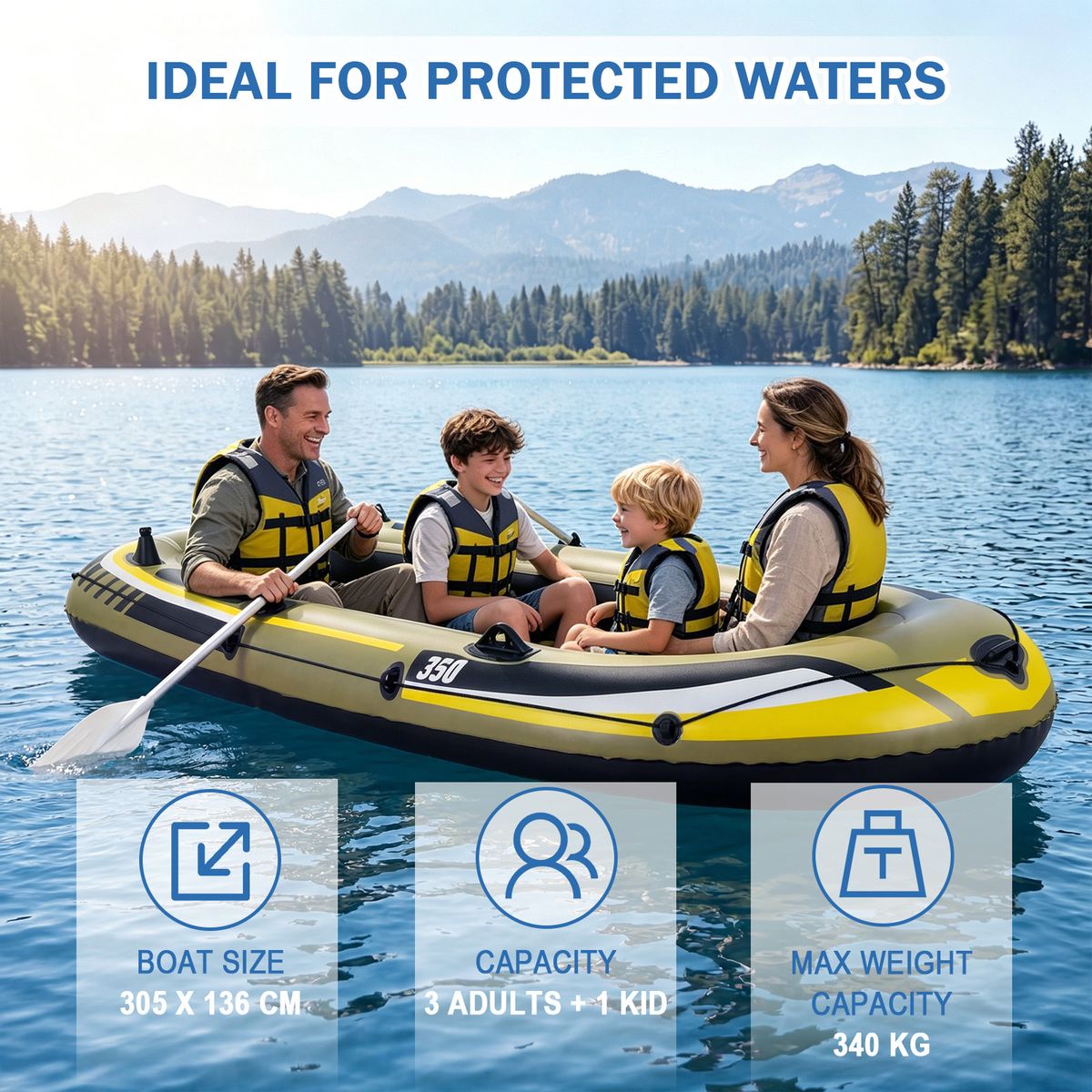 Coast Aufblasbares Fischerboot – 3 Luftkammern – inklusive Paddel und Pumpe – grün – 305 x 136 x 42 cm
