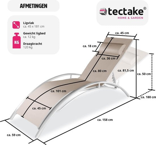 Tectake - 2er-Set Gartenliegen - Aluminium-Liegen - inkl. Kopfkissen - 5-fach verstellbare Rückenlehne - beige