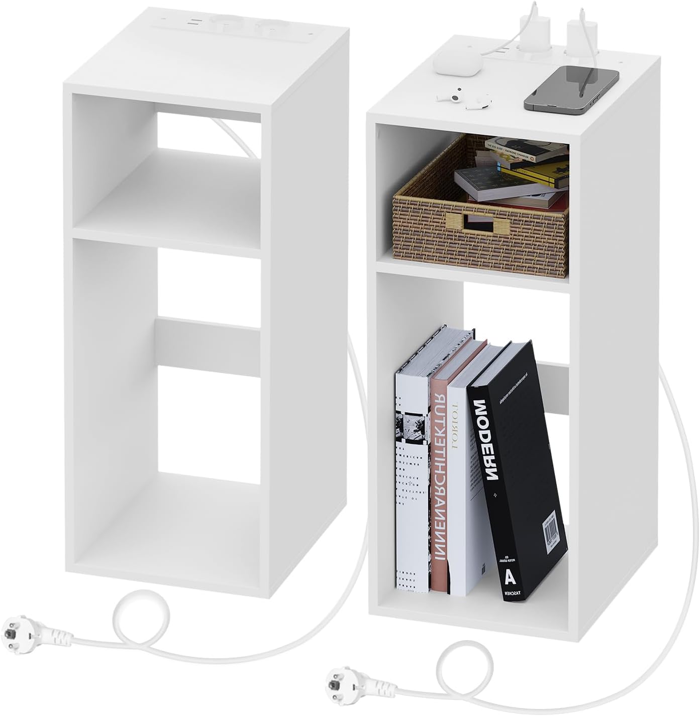 Woltu 2x Nachttisch mit USB und Steckdose - Weiß - 25 x 30 x 60 cm - Kompaktes und modernes Design