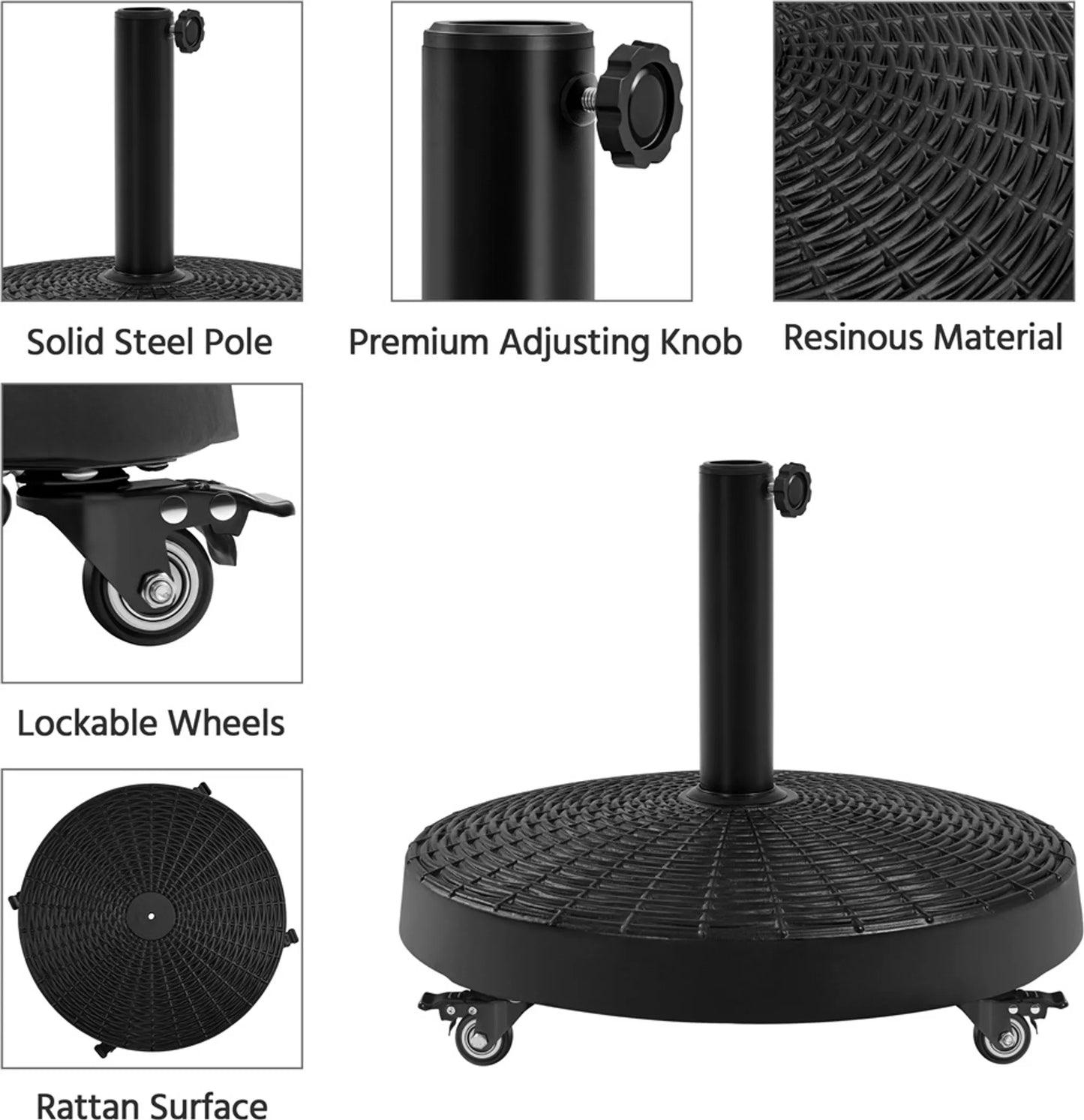 Yaheetech Sonnenschirmfuß auf Rädern 24 kg - Mit 4 Rollen mit Bremse und zwei Adaptern für Ø 38 mm und Ø 48 mm - Für Terrasse und Garten - Schwarzes Harz und Metall - 52 x 52 x 42 cm