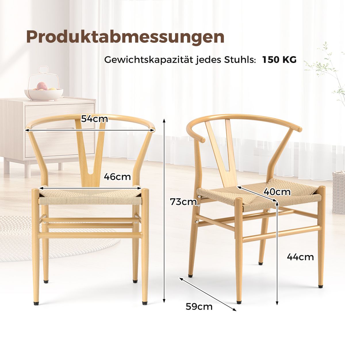 Coast Esszimmerstühle, 2er-Set – Y-förmige Rückenlehne – Sitzfläche aus geflochtenem Rattan – Naturfarben