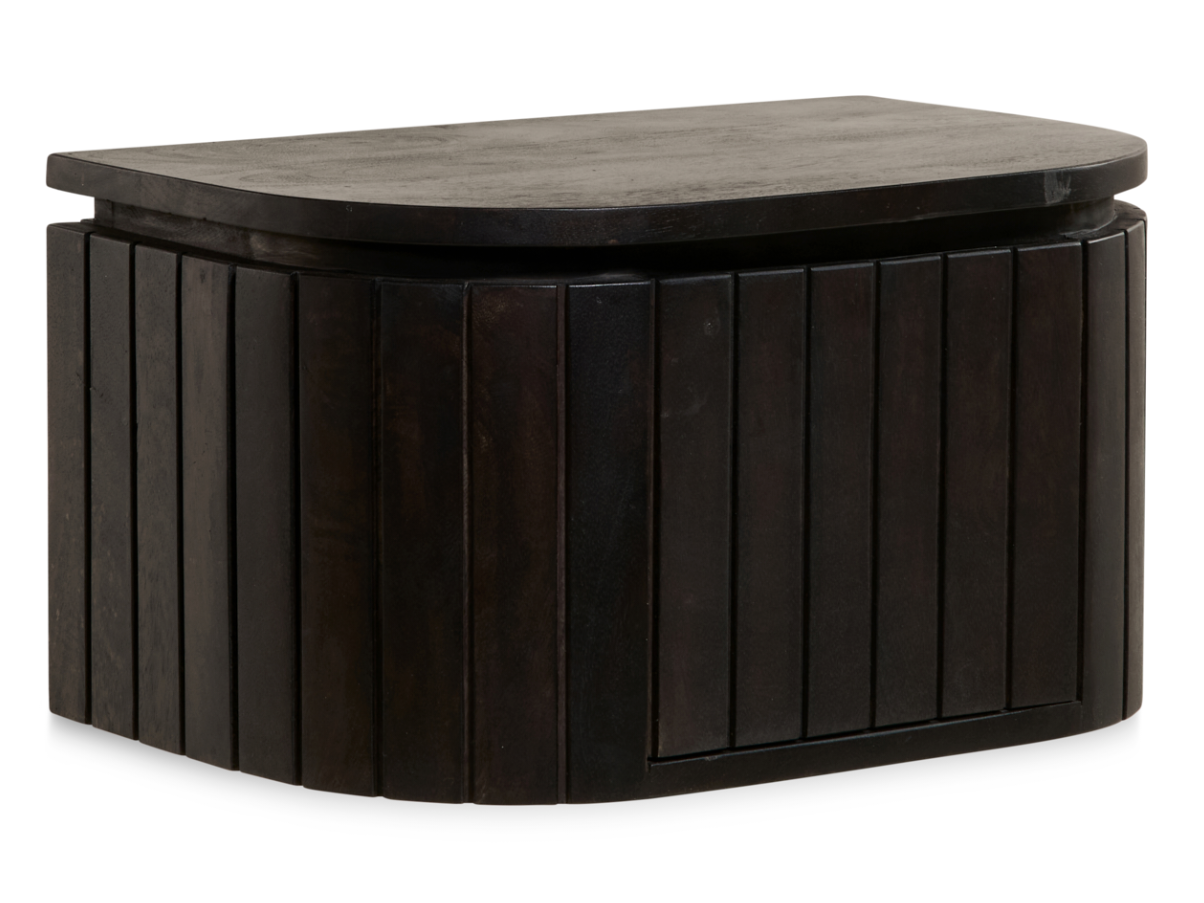 Multifurn Hängender Nachttisch Mokka – 45 x 30 x 25 cm – Dunkelbraunes Mangoholz mit Latten-Design und runder Form – 1 Stück