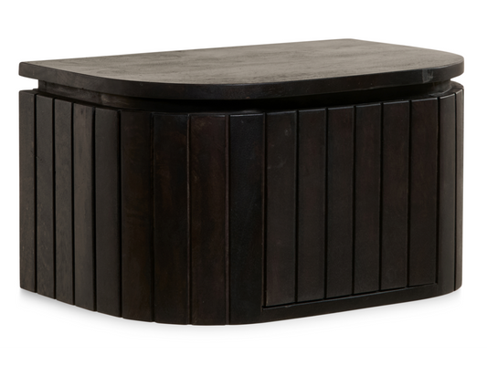 Multifurn Hängender Nachttisch Mokka – 45 x 30 x 25 cm – Dunkelbraunes Mangoholz mit Latten-Design und runder Form – 1 Stück