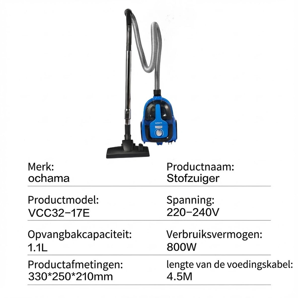 Ochama Multifunktions-Staubsauger mit Kabel 800 W – 17,5 kPa – 1,1 l – Automatische Kabelaufwicklung – Waschbarer Filter