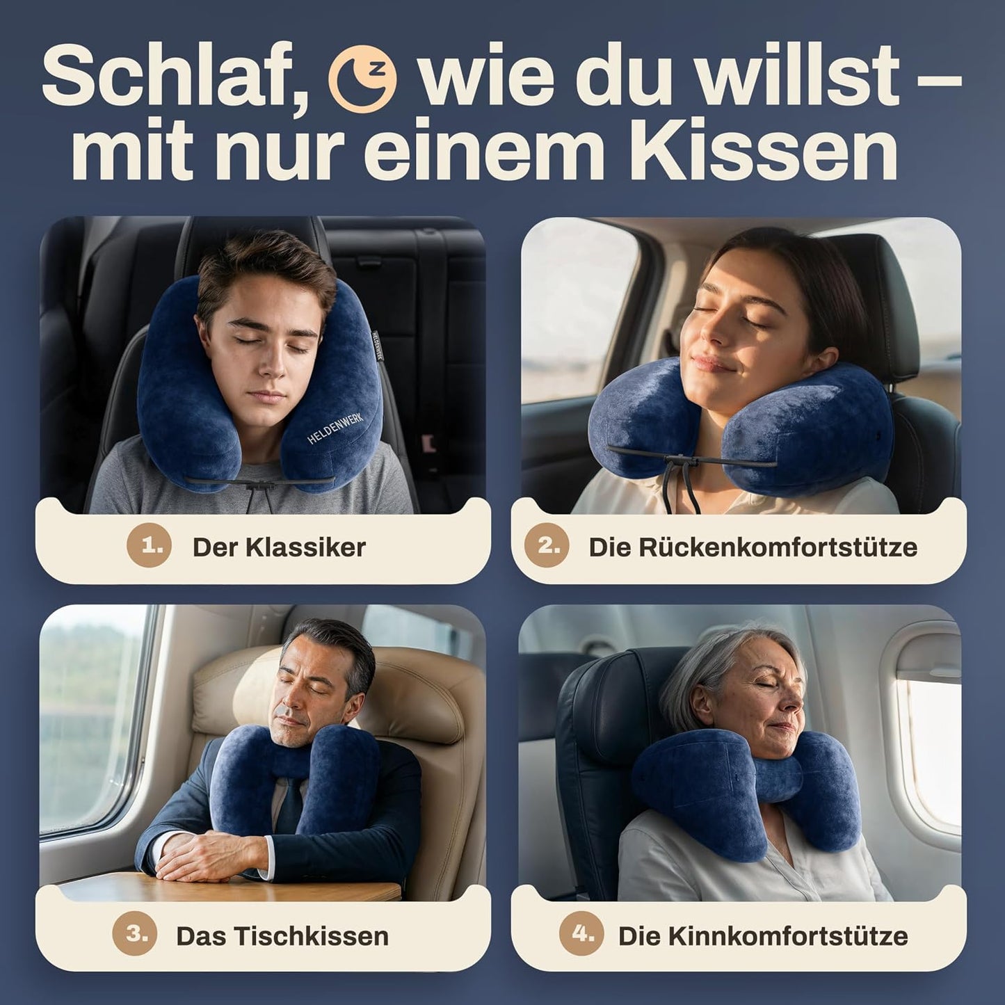Heldenwerk Premium Air Aufblasbares Nackenkissen – Dunkelblau – Inklusive Kapuze und Ohrstöpseln