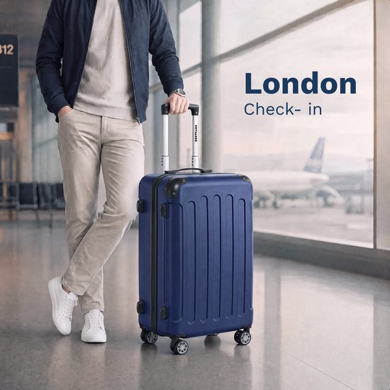 TRVLMORE Reisekoffer, mittelgroß – 65 x 44 x 25 cm – 70 l – Zahlenschloss – 4 um 360° drehbare Rollen – Dunkelblau